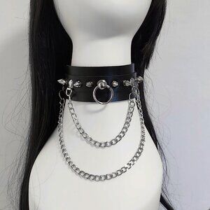 Black choker necklace / fashion collar with small spikes and chains 12" to 15"